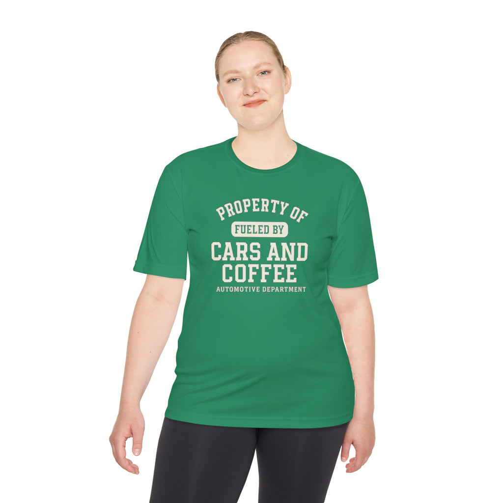 Moisture Wicking Tee - Property of Fueled by Cars and Coffee for Enthusiasts