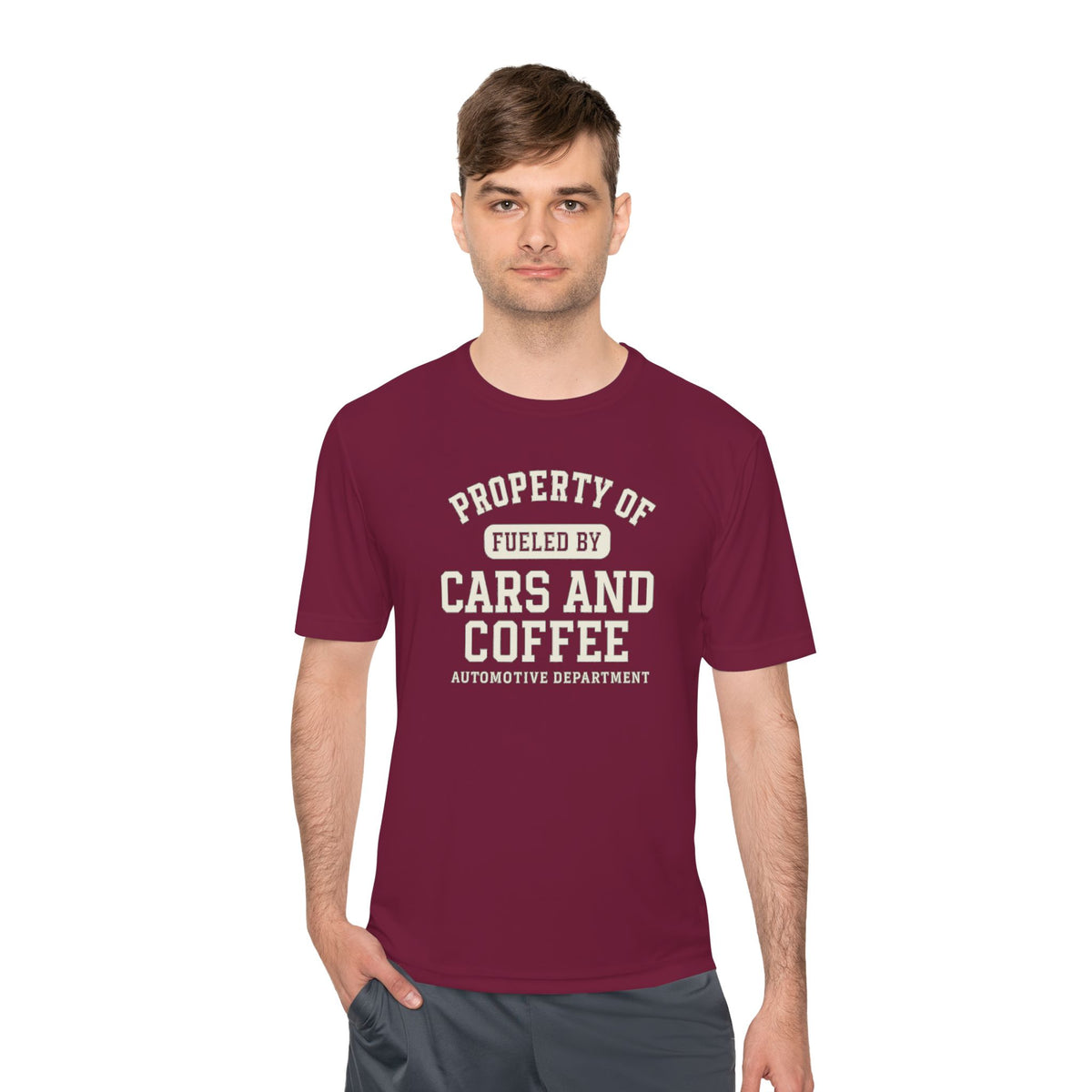 Moisture Wicking Tee - Property of Fueled by Cars and Coffee for Enthusiasts