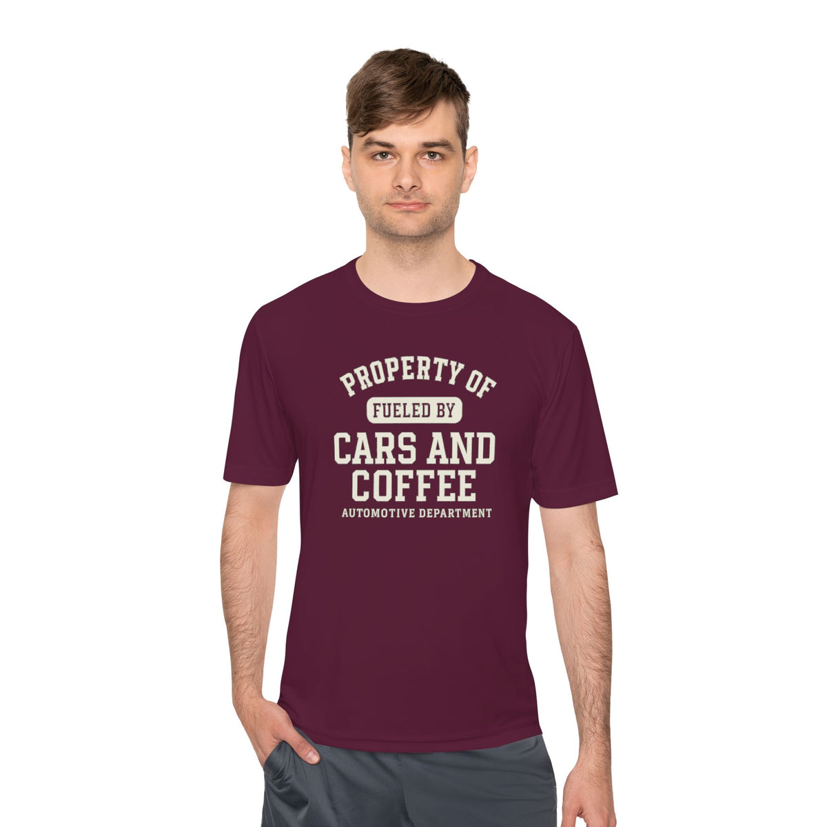 Moisture Wicking Tee - Property of Fueled by Cars and Coffee for Enthusiasts