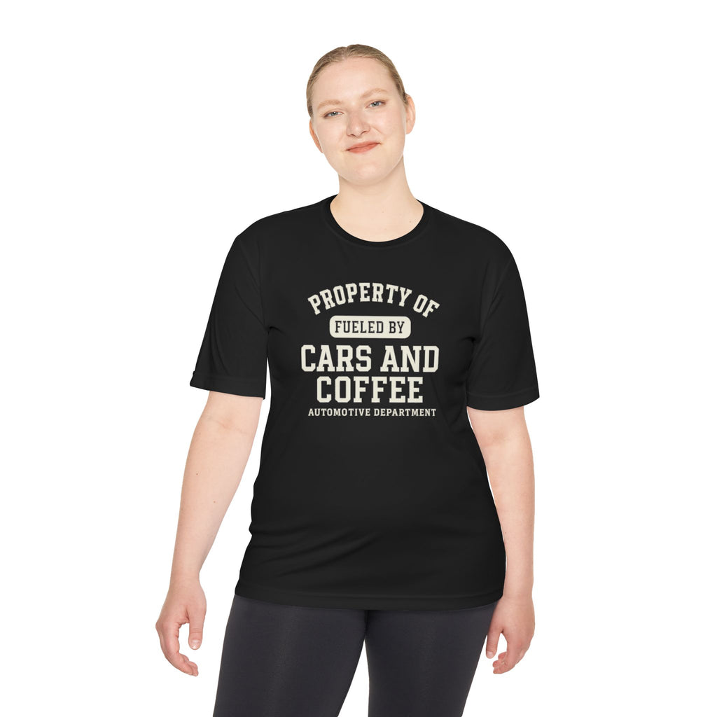 Moisture Wicking Tee - Property of Fueled by Cars and Coffee for Enthusiasts